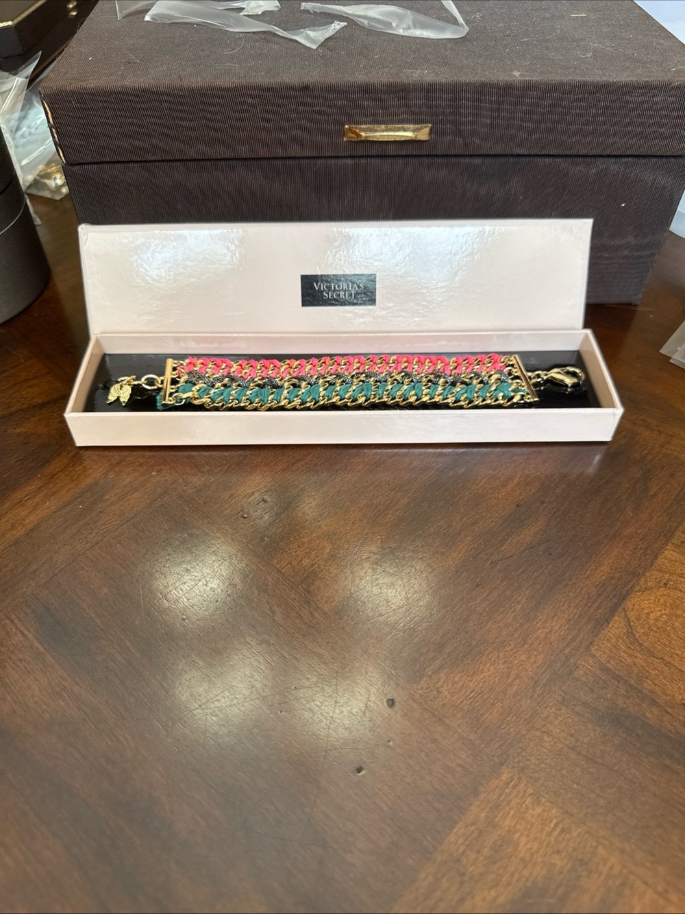 Victoria's Secret Gold Chain Bracelet with Pink and Teal Weave